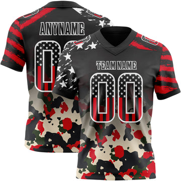 Custom Black USA Flag Camo-White Authentic Digital Camouflage Patchwork Gradient Stars & Stripes Raglan Sleeves Football Jersey
