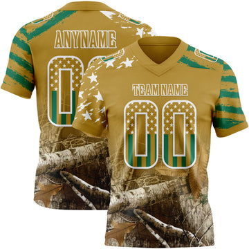 Custom Old Gold USA Flag Camo-White Authentic Digital Camouflage Patchwork Gradient Stars & Stripes Raglan Sleeves Football Jersey