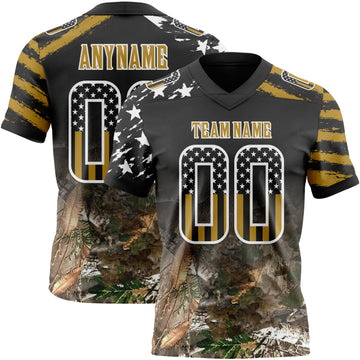 Custom Black USA Flag Camo White-Old Gold Authentic Digital Camouflage Patchwork Gradient Stars & Stripes Raglan Sleeves Football Jersey