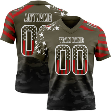 Custom Olive USA Flag Camo White-Black Authentic Digital Camouflage Patchwork Gradient Stars & Stripes Raglan Sleeves Football Jersey
