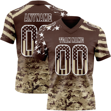 Custom Brown USA Flag Camo-White Authentic Digital Camouflage Patchwork Gradient Stars & Stripes Raglan Sleeves Football Jersey