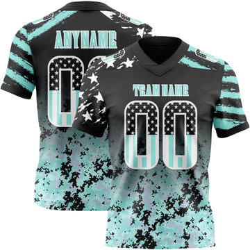 Custom Black USA Flag Camo White-Kelly Green Authentic Gradient Digital Camouflage Stars & Stripes Raglan Sleeves Football Jersey