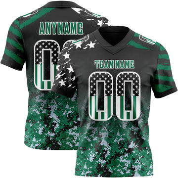 Custom Black USA Flag Camo White-Kelly Green Authentic Gradient Digital Camouflage Stars & Stripes Raglan Sleeves Football Jersey