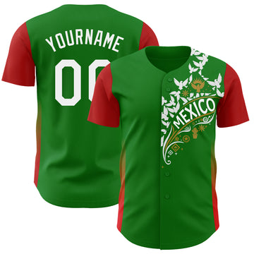 Custom Grass Green White Old Gold-Red Mexican Eagle Authentic Baseball Jersey