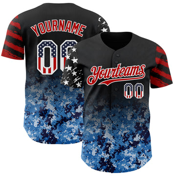 Custom Black USA Flag Camo White-Red Gradient Digital Camouflage Stars & Stripes Two Tone Authentic Baseball Jersey