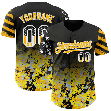 Custom Black USA Flag Camo White-Gold Gradient Digital Camouflage Stars & Stripes Two Tone Authentic Baseball Jersey