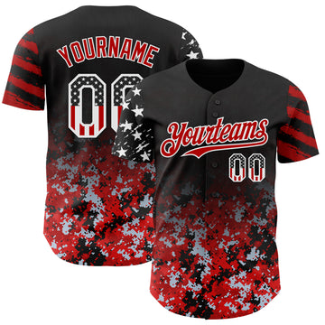 Custom Black USA Flag Camo White-Red Gradient Digital Camouflage Stars & Stripes Two Tone Authentic Baseball Jersey