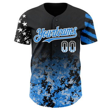 Custom Black USA Flag Camo White-Electric Blue Gradient Digital Camouflage Stars & Stripes Two Tone Authentic Baseball Jersey