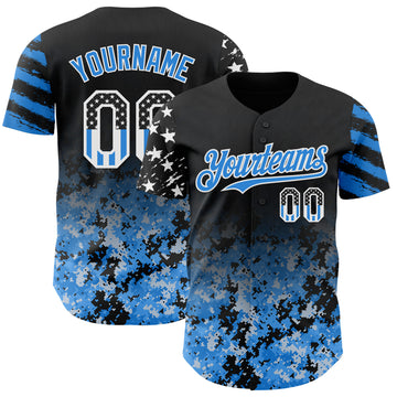 Custom Black USA Flag Camo White-Electric Blue Gradient Digital Camouflage Stars & Stripes Two Tone Authentic Baseball Jersey
