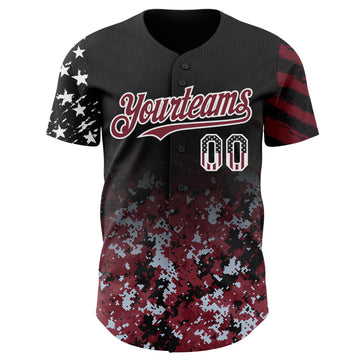 Custom Black USA Flag Camo White-Burgundy Gradient Digital Camouflage Stars & Stripes Two Tone Authentic Baseball Jersey