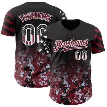 Custom Black USA Flag Camo White-Burgundy Gradient Digital Camouflage Stars & Stripes Two Tone Authentic Baseball Jersey