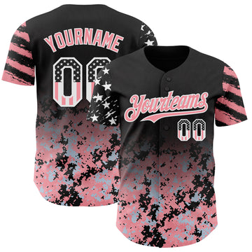 Custom Black USA Flag Camo White-Medium Pink Gradient Digital Camouflage Stars & Stripes Two Tone Authentic Baseball Jersey