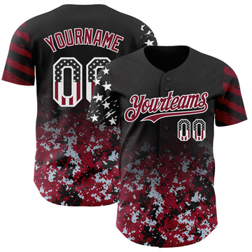 Custom Black USA Flag Camo White-Crimson Gradient Digital Camouflage Stars & Stripes Two Tone Authentic Baseball Jersey