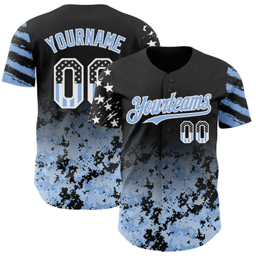 Custom Black USA Flag Camo White-Light Blue Gradient Digital Camouflage Stars & Stripes Two Tone Authentic Baseball Jersey