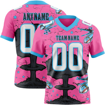 Custom Pink White Sky Blue-Black Authentic Mushroom Cloud Shark Rocket Crackle Texture 3D Pattern Football Jersey