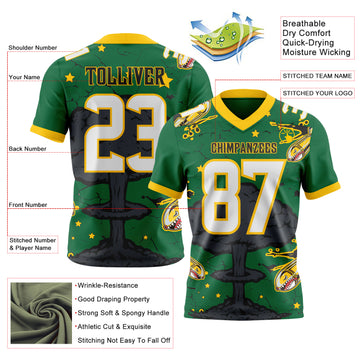 Custom Kelly Green White Yellow-Black Authentic Mushroom Cloud Shark Rocket Crackle Texture 3D Pattern Football Jersey