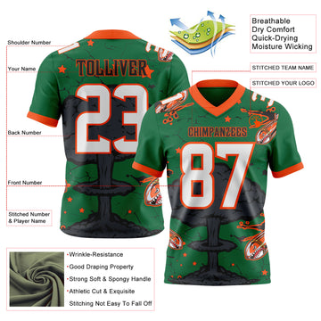 Custom Kelly Green White Orange-Black Authentic Mushroom Cloud Shark Rocket Crackle Texture 3D Pattern Football Jersey