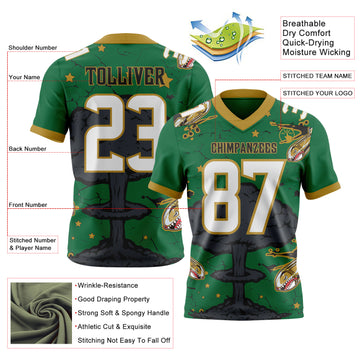 Custom Kelly Green White Old Gold-Black Authentic Mushroom Cloud Shark Rocket Crackle 3D Pattern Texture Football Jersey