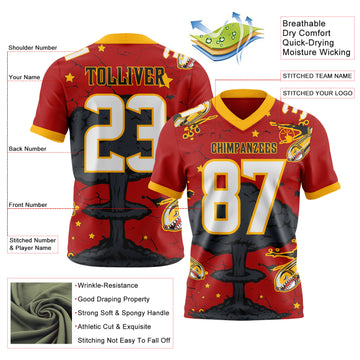 Custom Red White Gold-Black Authentic Mushroom Cloud Shark Rocket Crackle Texture 3D Pattern Football Jersey