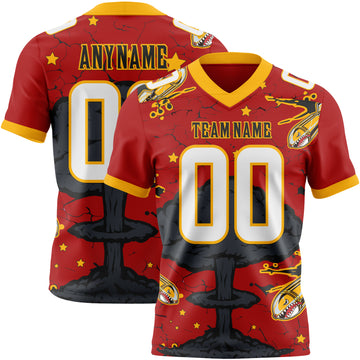 Custom Red White Gold-Black Authentic Mushroom Cloud Shark Rocket Crackle Texture 3D Pattern Football Jersey
