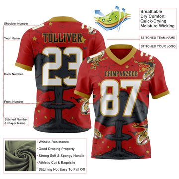 Custom Red White Old Gold-Black Authentic Mushroom Cloud Shark Rocket Crackle Texture 3D Pattern Football Jersey