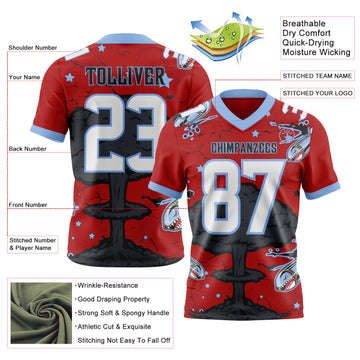 Custom Red White Light Blue-Black Authentic Mushroom Cloud Shark Rocket Crackle Texture 3D Pattern Football Jersey