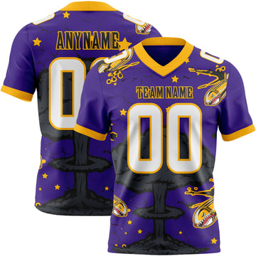 Custom Purple White Gold-Black Authentic Mushroom Cloud Shark Rocket Crackle Texture 3D Pattern Football Jersey