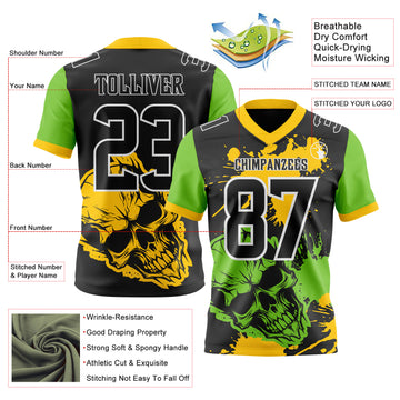 Custom Black Yellow Neon Green-White Authentic Skull Paint Splatter Football Jersey