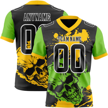 Custom Black Yellow Neon Green-White Authentic Skull Paint Splatter Football Jersey