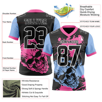 Custom Black Pink Light Blue-White Authentic Skull Paint Splatter Football Jersey