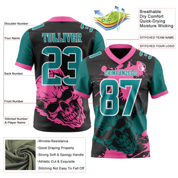 Custom Black Teal Pink-White Authentic Skull Paint Splatter Football Jersey