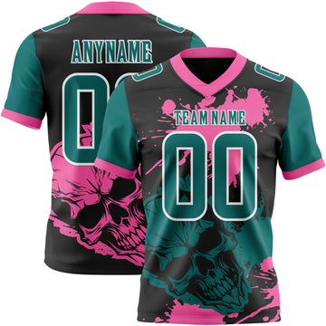Custom Black Teal Pink-White Authentic Skull Paint Splatter Football Jersey