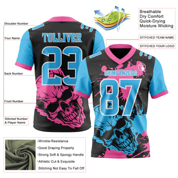 Custom Black Sky Blue Pink-White Authentic Skull Paint Splatter Football Jersey