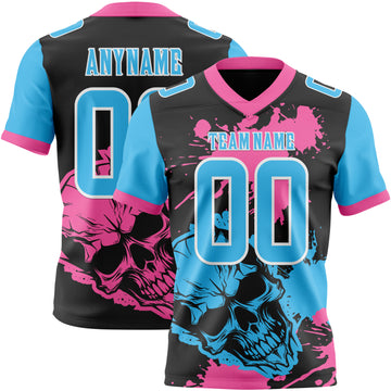Custom Black Sky Blue Pink-White Authentic Skull Paint Splatter Football Jersey