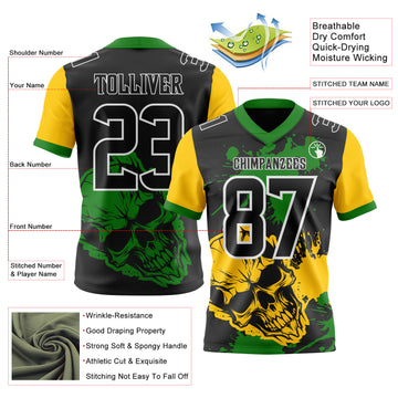 Custom Black Grass Green Yellow-White Authentic Skull Paint Splatter Football Jersey