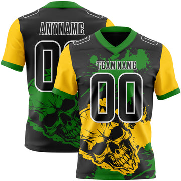 Custom Black Grass Green Yellow-White Authentic Skull Paint Splatter Football Jersey