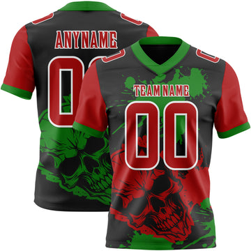 Custom Black Red Grass Green-White Authentic Skull Paint Splatter Football Jersey