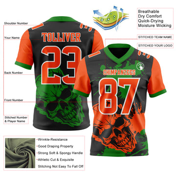 Custom Black Orange Grass Green-White Authentic Skull Paint Splatter Football Jersey