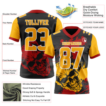 Custom Black Gold Red-White Authentic Skull Paint Splatter Football Jersey