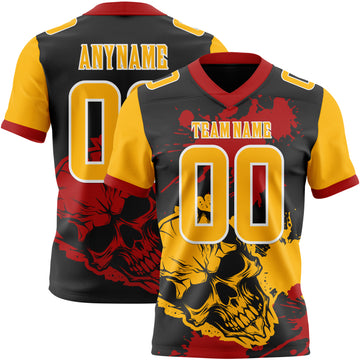 Custom Black Gold Red-White Authentic Skull Paint Splatter Football Jersey