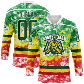 Custom Tie Dye Green White Yellow-Red Watercolor Cloud Splatter Hockey Lace Neck Jersey