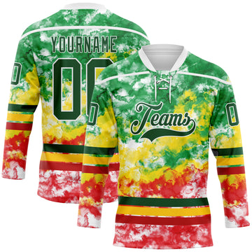 Custom Tie Dye Green White Yellow-Red Watercolor Cloud Splatter Hockey Lace Neck Jersey