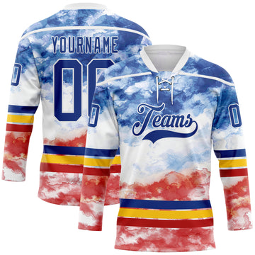 Custom Tie Dye Royal White Yellow-Red Watercolor Cloud Splatter Hockey Lace Neck Jersey