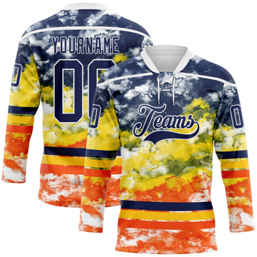 Custom Tie Dye Navy White Yellow-Orange Watercolor Cloud Splatter Hockey Lace Neck Jersey