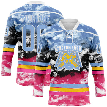 Custom Tie Dye Light Blue White Yellow-Pink Watercolor Cloud Splatter Hockey Lace Neck Jersey