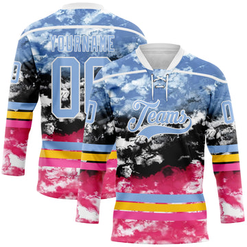 Custom Tie Dye Light Blue White Yellow-Pink Watercolor Cloud Splatter Hockey Lace Neck Jersey