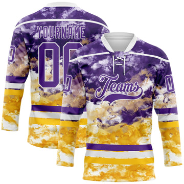 Custom Tie Dye Purple White-Yellow Watercolor Cloud Splatter Hockey Lace Neck Jersey