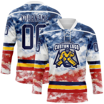 Custom Tie Dye Navy White Yellow-Red Watercolor Cloud Splatter Hockey Lace Neck Jersey
