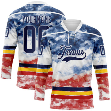 Custom Tie Dye Navy White Yellow-Red Watercolor Cloud Splatter Hockey Lace Neck Jersey