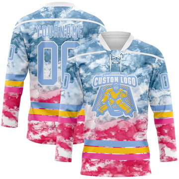 Custom Tie Dye Light Blue White Yellow-Pink Watercolor Cloud Splatter Hockey Lace Neck Jersey